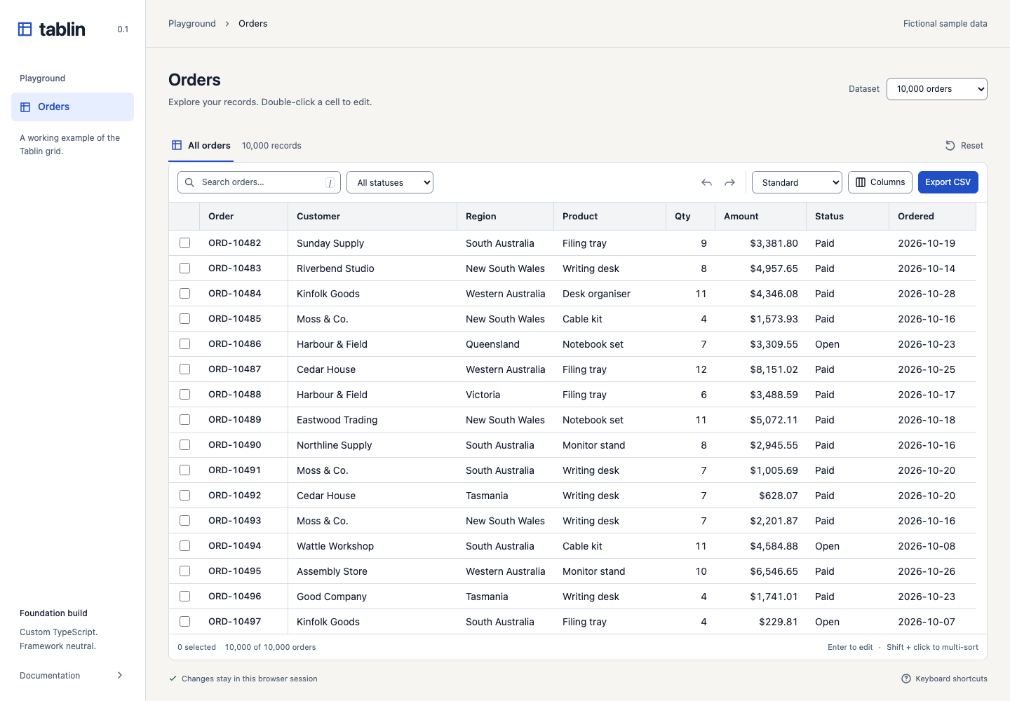 Tablin’s Orders example with search, filters, editable rows, and a CSV export control